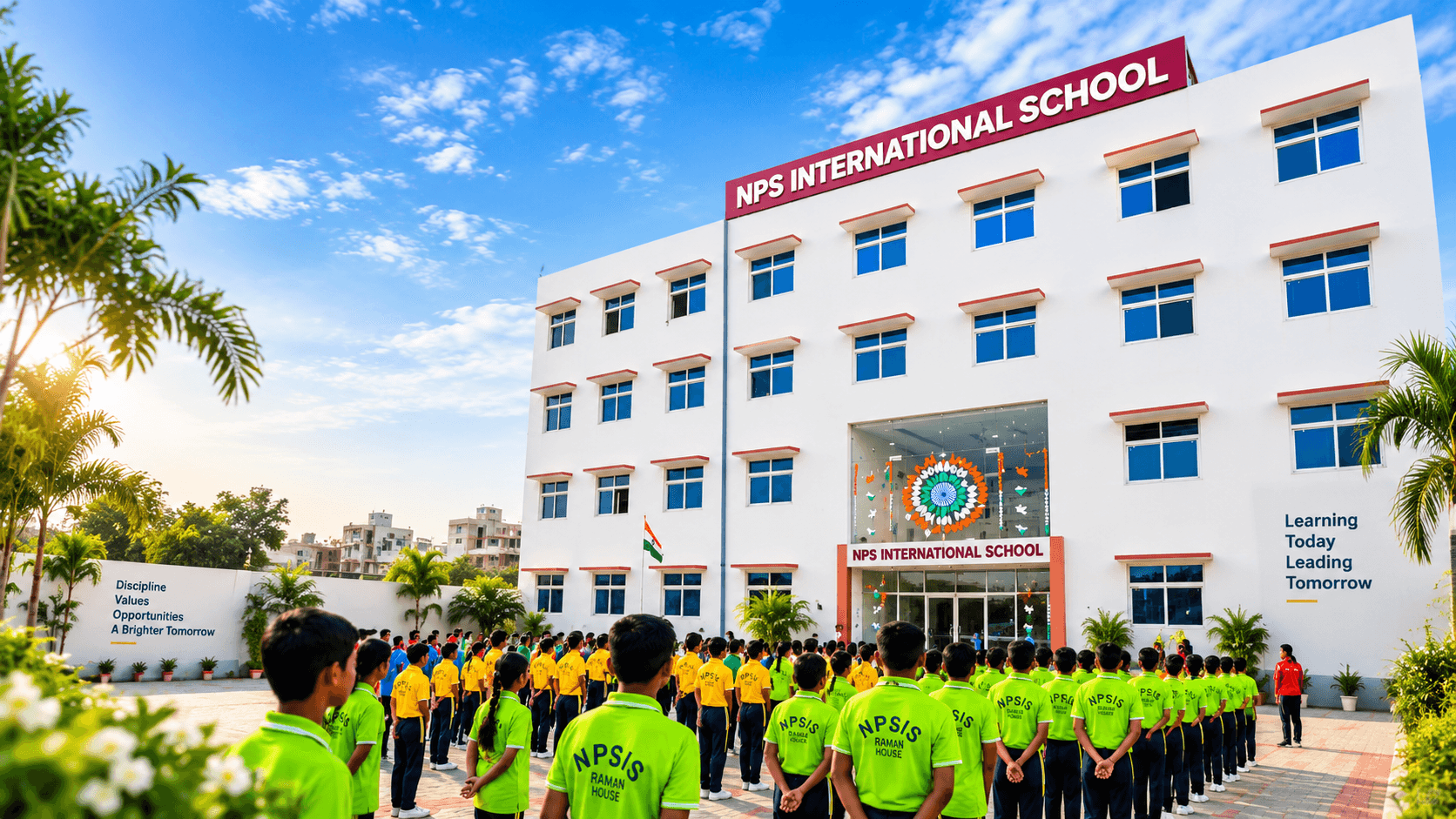 Students gathered outdoors at the Prime City 3 campus of NPS International School, Greater Noida West